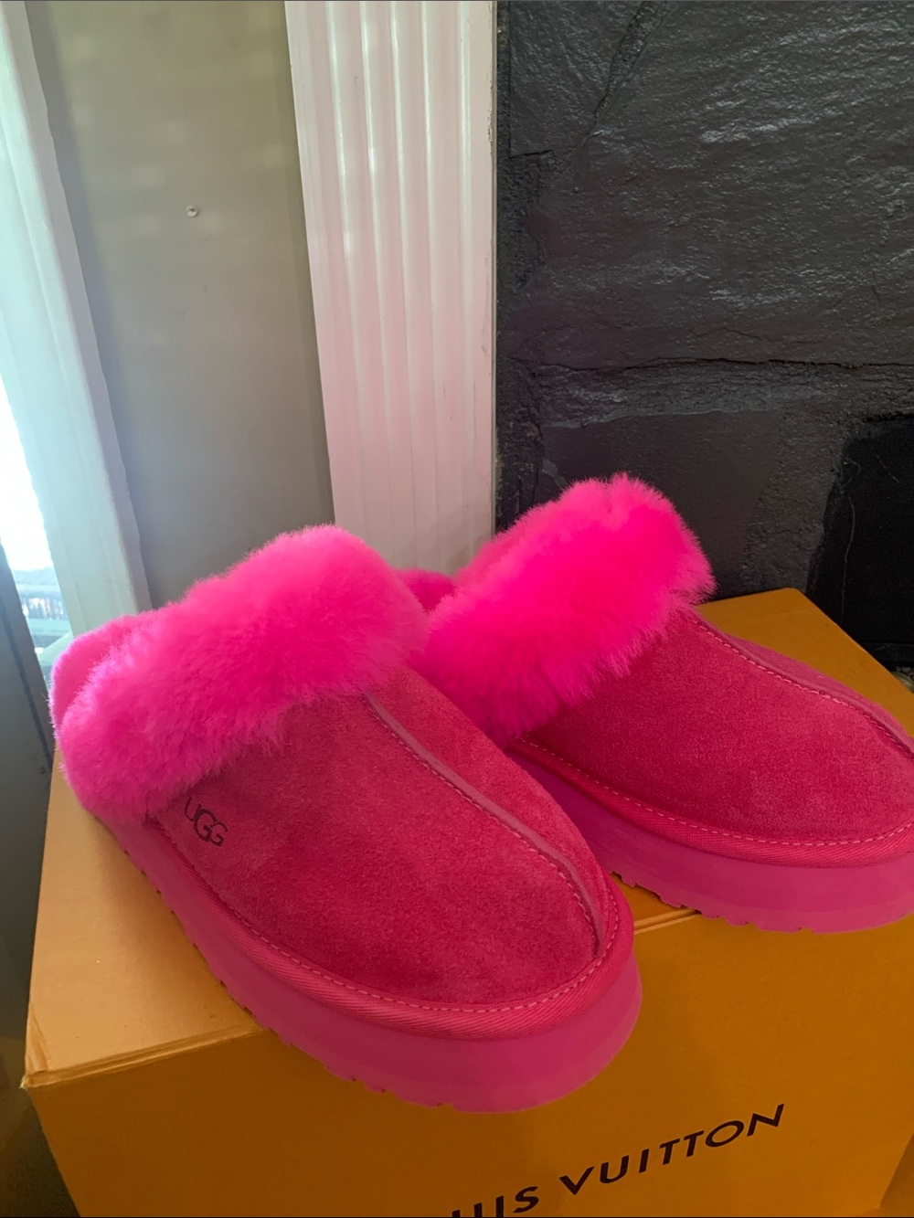 UGG Hot Pink Suede Shearling Clog Slippers